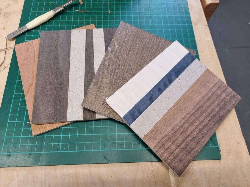 The veneered lids and bases for boxes.